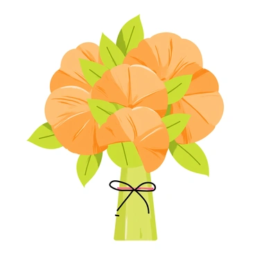 A bouquet featuring a collection of mini croissants arranged in a circular fashion. The croissants have a golden-brown, flaky exterior with a glossy sheen. Green leaves are interspersed among the croissants, adding contrast and a natural element to the arrangement. Each mini croissant is perfectly shaped and displays visible layers, enhancing their texture. The bouquet is bound together with a simple twine, adding a rustic touch to the overall presentation.