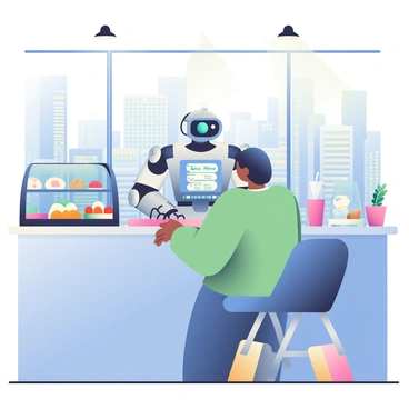 A sleek, silver robot barista with glowing blue accents is positioned behind a polished countertop in a futuristic coffee shop. The robot has articulated arms and a digital display on its chest showing the current coffee menu. In front of the robot, a customer with short hair is reaching out to receive a steaming cup of coffee. The coffee shop features smooth, curved furniture and large windows with a view of a bustling cityscape filled with high-tech buildings. On the counter, various coffee-making equipment is neatly arranged, and an array of colorful pastries is displayed in a glass case. Above, ambient lighting creates a warm atmosphere, enhancing the modern aesthetic of the coffee shop.