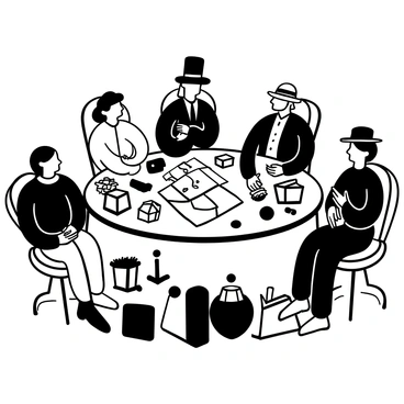 A group of eccentric villains gathered around a large round table covered in various gadgets and tools. Each villain has a unique appearance, with distinct outfits and accessories that highlight their quirky personalities. Some gadgets are mechanical devices, while others are peculiar inventions, scattered across the table. One villain is pointing at a map laid out in the center of the table, while another is scribbling notes on a parchment. The atmosphere is charged with excitement as they discuss their plans.