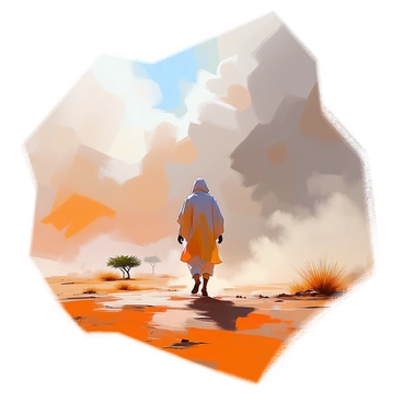 A dust storm sweeping across the Sahel, with swirling clouds of fine red and brown dust engulfing the landscape. In the foreground, a lone traveler struggles against the fierce wind, wearing a light-colored, flowing cloak that billows around them. Their posture is determined, with one hand shielding their face from the grit. The background features sparse tufts of grass and scattered acacia trees, partially obscured by the thickening dust. The sky is a tumultuous mix of dark and light shades, capturing the intensity of the storm.