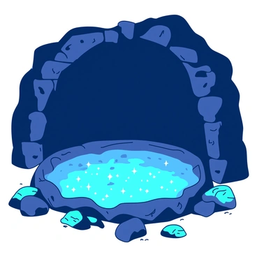 A blue shimmering pool of water is located at the center of a dark chamber with rough stone walls. The surface of the water is smooth, reflecting countless tiny stars that seem to twinkle in the depths. Surrounding the pool, there are scattered rocks and glowing moss that emit a soft teal light, enhancing the mystical atmosphere. Overhead, the chamber's ceiling is arched, creating a sense of depth and enclosing the scene in an inviting, serene embrace.