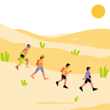 A group of adventurers is traversing a vast desert landscape. The scene features rolling sand dunes with shades of golden yellow and light brown. Scattered throughout the terrain are green cacti in various shapes and sizes, standing tall against the sandy backdrop. The adventurers are wearing colorful clothing suited for the desert, with wide-brimmed hats and backpacks. Their expressions show determination as they navigate the challenging environment. The sun is high in the sky, casting sharp shadows on the sand.
