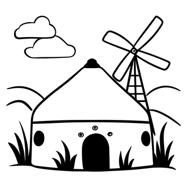 A traditional yurt stands prominently in the foreground, its round structure topped with a conical roof. The yurt is surrounded by lush greenery, with tall grasses swaying in the breeze. In the background, a classic windmill with large, arched blades is turning gently, creating a rhythmic motion. Fluffy clouds drift across the sky, and a subtle landscape of rolling hills extends into the distance, enhancing the tranquil countryside setting.