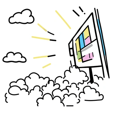 A cinema screen in the sky showing movies to a crowd of floating clouds