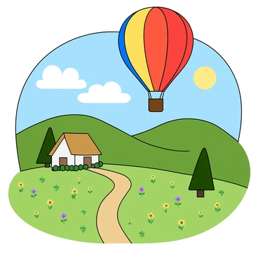 A vibrant hot air balloon with a patchwork of colors, including red, yellow, and blue, is gracefully floating in the sky. Below it, a picturesque countryside features rolling green hills dotted with wildflowers in various shades of yellow and purple. A winding dirt path cuts through the landscape, leading to a small thatched-roof cottage nestled among the trees. The sky is clear with a few fluffy white clouds, and the sun is shining brightly, casting warm light over the serene scene.