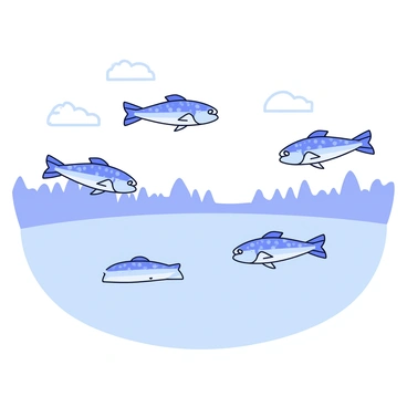 A group of flying fish with shimmering scales leaps out of a mist-covered lake. The fish have elongated bodies and pointed fins, gliding gracefully through the air. The surface of the lake is calm, reflecting the soft light of dawn. Wisps of mist swirl above the water, creating a tranquil atmosphere. The background features silhouettes of distant trees shrouded in the morning haze.