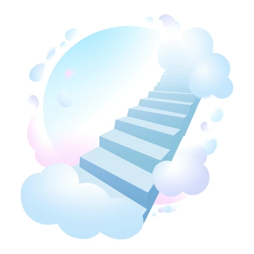 A staircase made of fluffy white clouds is stretching upward into a bright blue sky. The clouds are billowing gently, creating a soft and inviting pathway. Each step of the staircase is defined by delicate puffs of cloud, appearing light and airy. Sunlight is filtering through the clouds, giving them a warm glow. In the background, more clouds are drifting, and the sky shows hints of soft pastel colors blending together, enhancing the ethereal atmosphere.