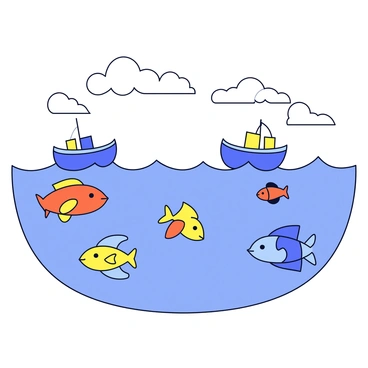 A vibrant seascape featuring several fish with exaggerated, whimsical shapes floating gracefully in the water. The fish have bright colors, including shades of blue, orange, and yellow. There are a few boats in the scene, designed with rounded forms and playful distortions, gently bobbing on the waves. The water is depicted with soft, rolling waves, reflecting the colorful fish and boats above. The sky above is clear with a few fluffy white clouds.