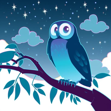 An owl with large, expressive eyes and intricate feather patterns is perched on a sturdy branch of a tree. The branch is textured with rough bark and surrounded by lush green leaves. Above, a clear starry sky is filled with twinkling stars, creating a luminous backdrop. Soft, wispy clouds drift gently across the sky, partially obscuring some of the stars. The scene captures the tranquil ambiance of a night in nature, highlighting the owl's vigilant presence.