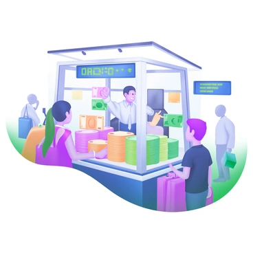 A busy airport currency exchange booth is depicted, featuring a display case filled with colorful currencies stacked neatly. The booth is surrounded by travelers waiting in line, holding various bags and luggage. Behind the counter, a friendly attendant is engaged in a transaction with a customer, pointing at the exchange rates displayed on a digital screen nearby. Bright overhead lights illuminate the space, highlighting the vibrant colors of the different banknotes on display.