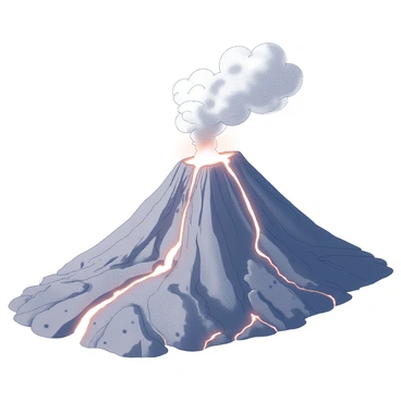 A volcano with a steep, conical shape is actively erupting. Thick plumes of smoke and ash rise into the sky from the crater at the summit. Lava, glistening in the light, is flowing down the sides of the volcano, creating bright, molten rivers. The surrounding landscape features rugged terrain, with jagged rocks and sparse vegetation being affected by the eruption. The scene conveys a sense of movement and power.