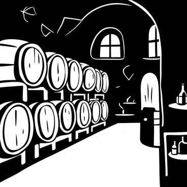 Rows of wooden barrels stacked neatly against the stone walls of a dimly lit wine cellar. The barrels have a weathered appearance, with markings showing their age. Soft shadows fall across the floor, emphasizing the intricate textures of the wood. The atmosphere is thick with a sense of history and tradition, as cobwebs softly hang in the corners. Light filters through small windows, creating a gentle illumination that highlights a few scattered wine bottles on a shelf nearby.