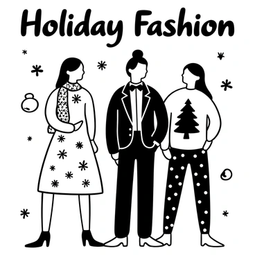 A group of three fashion figures standing together, each showcasing a unique holiday-themed outfit. The first figure is wearing a dress adorned with intricate snowflake patterns, with a matching scarf draped elegantly around her shoulders. The second figure is in a tailored suit featuring reindeer motifs and a festive bow tie. The third figure is dressed in a stylish oversized sweater with a large Christmas tree graphic, complemented by patterned leggings. Surrounding them are decorative elements like sparkling stars and stylized ornaments, enhancing the festive atmosphere. The words "Holiday Fashion" are prominently displayed above the scene.