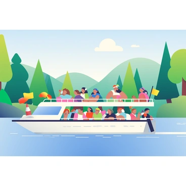 A group of tourists are on a large boat enjoying a scenic river cruise. The boat is decorated with cheerful flags fluttering in the gentle breeze. The tourists, wearing summer attire, are scattered across the deck, some taking photos with their smartphones and others laughing together. On either side of the river, there are lush green landscapes filled with tall trees and blooming flowers. The water is reflecting the clear blue sky above, with a few fluffy white clouds drifting by. In the distance, there are rolling hills that add depth to the vibrant scenery.