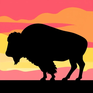 A bison silhouette standing with its head held high against a vibrant sunset. The sky is filled with bright red and orange hues that blend together, creating a dramatic backdrop. The bison's strong outline contrasts sharply with the colorful sky, emphasizing its robust form. The ground beneath the bison is dark, enhancing the silhouette effect.