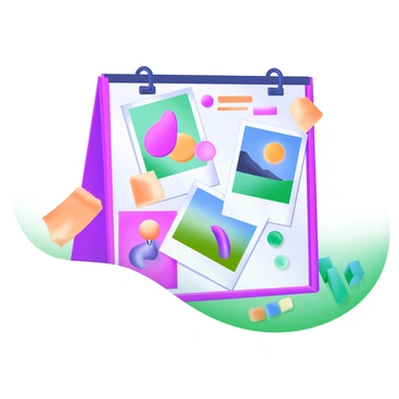A flat lay of an inspiration board filled with various art prints and photographs. The art prints feature abstract designs in bright colors, while the photographs showcase a mix of landscapes and portraits with vivid hues. Scattered across the board are colorful swatches in various shades, neatly arranged to complement the prints and photographs. The background is a soft pastel color that enhances the vibrancy of the elements.