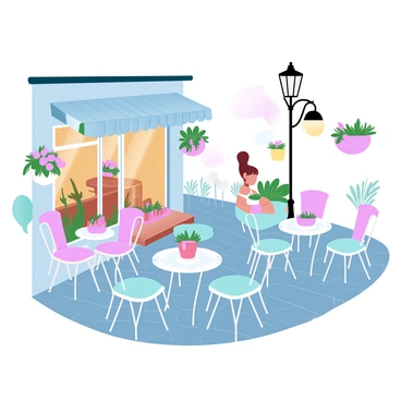 A quaint street cafe in Tbilisi features outdoor seating arranged around small, round tables. Each table is adorned with a delicate tablecloth and a small vase filled with colorful flowers. Brightly painted chairs surround the tables, creating a warm and inviting atmosphere. The cafe is decorated with hanging flower baskets and potted plants that add vibrant touches of color along the walls. Nearby, vintage street lamps stand tall, illuminating the scene. The cobblestone street is bustling with pedestrians and the warm glow of the evening light creates a cozy environment.