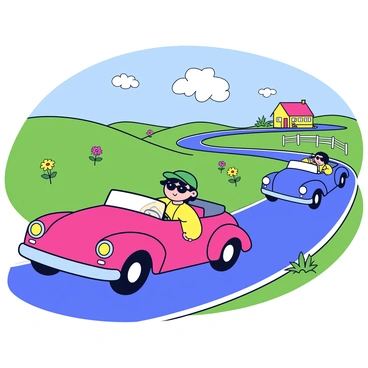 A group of cartoon characters is racing in vintage cars along a winding road through the countryside. The first car is a bright red convertible with a polished chrome bumper, driven by a character wearing a green cap and sunglasses. The second car is a classic blue coupe, with a character in a yellow scarf confidently gripping the steering wheel. The countryside features rolling green hills dotted with wildflowers in shades of yellow, pink, and purple. A clear blue sky stretches above, with fluffy white clouds drifting lazily. In the background, a small farmhouse with a red roof and a white picket fence is visible, adding charm to the vibrant landscape.