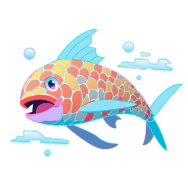 A colorful mosaic art piece featuring "Magikarp" created with vibrant, multicolored tiles. The mosaic displays "Magikarp" in a dynamic swimming pose, with exaggerated fins and an open mouth. Each tile is meticulously arranged to capture the shimmering scales, alternating between shades of orange, gold, and white. Surrounding the "Magikarp," there are abstract representations of water currents and bubbles, rendered in hues of blue and turquoise. The overall composition highlights the playful nature of "Magikarp," inviting viewers to appreciate the intricate details of the tile work.