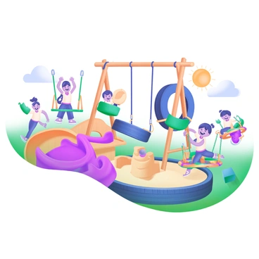 A vibrant playground constructed from reused tires, wooden beams, and various recycled materials. Brightly colored tires are arranged to create fun seating areas and climbing structures. Children of different ages are joyfully playing on swings made from sturdy ropes and repurposed materials, while others are exploring a slide crafted from a wooden ramp. Some kids are building sandcastles in a designated sand area, and a few are riding on a merry-go-round made from colorful recycled parts. Laughter and excitement fill the air as the sun casts a warm glow over the scene.