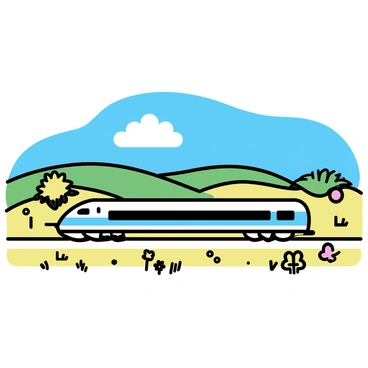 A sleek Amtrak train with a streamlined design is moving quickly along the tracks. The train features a blue and silver exterior, reflecting sunlight as it speeds. In the background, expansive lush green countryside stretches out, filled with rolling hills and patches of trees. The sky above is a bright blue with a few white clouds. There are wildflowers in various colors dotting the fields beside the train tracks.