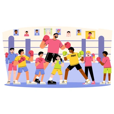 A boxing gym filled with children practicing basic boxing techniques under the guidance of an enthusiastic coach. The coach is a middle-aged man wearing a red t-shirt and black shorts, demonstrating a strong jab. The children, a diverse group of boys and girls, are wearing colorful boxing gloves and headgear. Some are practicing on punching bags, while others are shadowboxing, mimicking the coach's movements. The gym has a boxing ring in the background and vibrant posters on the walls showcasing famous boxers, creating an energetic training atmosphere.