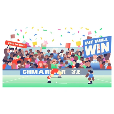 A large outdoor stadium filled with fans energetically supporting their respective teams. On one side, fans dressed in vibrant red and black jerseys wave large banners that read "Victory!" in bold letters. On the opposite side, supporters in bright blue and white attire hold up signs proclaiming "We Will Win!" in eye-catching fonts. The atmosphere is filled with excitement as colorful confetti rains down from above, adding to the lively scene. In the center of the field, players from both teams are positioned, preparing for a critical moment in the game, showcasing their determination and competitive spirit.