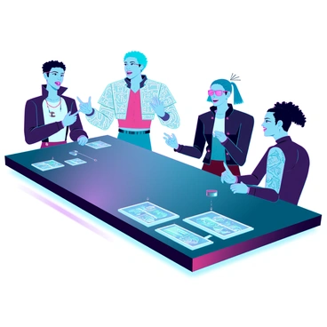 A diverse group of unique and eccentric characters is gathered around a sleek, futuristic table. Each character displays distinct features: one has bright blue hair and cybernetic glasses, another wears a holographic jacket that changes colors, while a third has intricate tattoos that glow softly in the dim light. They are animatedly engaged in deep conversation, with hand gestures expressing their enthusiasm. The table is equipped with high-tech gadgets and interactive displays, showcasing various holographic images related to their discussion. The setting is illuminated by futuristic lighting, adding to the vibrant atmosphere of their gathering.