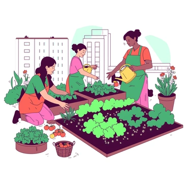 A group of community gardeners, wearing colorful aprons, are tending to various plants in an urban garden. The garden is filled with vibrant green vegetables and blooming flowers, contrasting with the surrounding concrete buildings. One gardener is kneeling down, planting seeds in a row, while another waters the plants with a bright yellow watering can. Nearby, a third gardener is harvesting ripe tomatoes, placing them carefully into a wicker basket. The sun is shining brightly, creating shadows against the concrete backdrop.