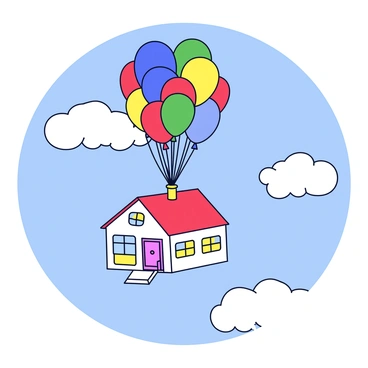 A small, charming house with a red roof and white walls is floating in the sky. The house has colorful windows and a front porch adorned with a small railing. A cluster of vibrant balloons in various colors, including red, blue, yellow, and green, is tied to the chimney of the house, lifting it gently through fluffy white clouds. The sky is a bright blue, and the scene conveys a lighthearted atmosphere.