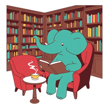 A teal elephant named "Babar" is sitting comfortably in a grand library. He is holding a large, open book in his hands, his eyes focused on the pages. The library is filled with tall bookcases, which are densely packed with books of various sizes and colors. Soft lighting casts a warm glow throughout the space, highlighting the rich wood tones of the furniture. A plush red armchair is positioned near Babar, and a small round table beside him holds a steaming cup of tea. The atmosphere is inviting and intellectual.