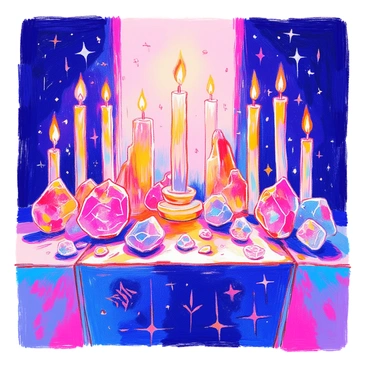 A dimly lit altar is centered in the image, adorned with numerous flickering candles casting soft shadows. The candles are of various heights and colors, with warm flames dancing atop them. Surrounding the altar, an array of sparkling crystals in different shapes and sizes glimmer subtly in the candlelight. Dark symbols are etched into the surface of the altar, adding an intricate detail to the scene. The overall atmosphere is filled with a mystical aura, inviting a sense of contemplation.