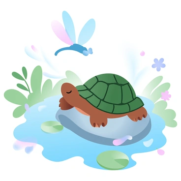 A dragonfly hovering near a turtle's shell by a peaceful pond
