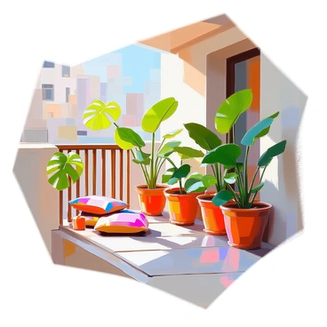 A small urban balcony filled with vibrant green potted monstera plants of varying sizes. The balcony features a rustic wooden railing, and the pots are arranged in a neat row along the edge, allowing the large, sculpted leaves of the monstera to cascade elegantly over the sides. A few colorful cushions are scattered on a small, inviting seating area, creating a cozy atmosphere. The balcony floor is paved with light grey tiles, and there are hints of city life visible in the background through a low wall.