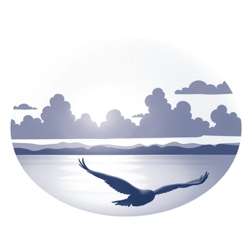 A silhouette of a big bird against a stunning sunset over a calm lake