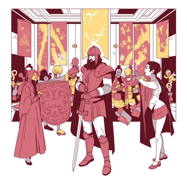 A warrior dressed in ornate armor stands at the center of a grand hall, surrounded by a diverse group of allies. The warrior has a confident stance, with a gleaming sword sheathed at their side. To the left, a tall ally with a shield adorned with intricate designs listens attentively; they have long, braided hair. To the right, a short ally with vibrant clothing gestures passionately while holding a staff topped with a glowing orb. Behind them, the walls are decorated with various banners, each representing different factions with distinct colors and symbols. The hall is illuminated by large chandeliers hanging from a high ceiling, casting warm light on the gathering.