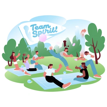 A group of colleagues is gathered outdoors, participating in a fun team-building exercise. They are engaging in various activities, such as tossing a frisbee and playing team games. The scene is filled with laughter and energy. In the background, there is a lush green park with trees and a clear blue sky. Colorful picnic blankets are spread out on the grass, and some people are sitting while others are standing and cheering. A large banner that says "Team Spirit!" is visible, adding to the festive atmosphere.