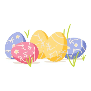 A collection of Easter eggs arranged on a soft pastel-colored surface. Each egg displays a unique vintage pattern, featuring intricate floral designs and delicate geometric shapes. The patterns include swirls of blue, yellow, and pink, creating a harmonious and festive appearance. Soft shadows are cast beneath the eggs, emphasizing their shapes and details. A few sprigs of green grass are scattered around the eggs, adding a fresh touch to the scene.