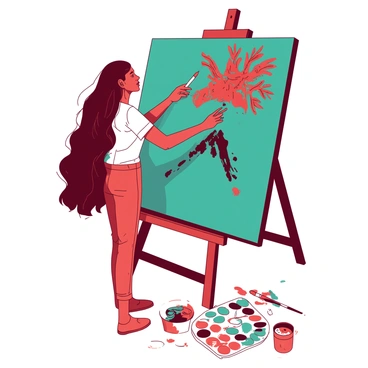 An artist with long flowing hair is standing in front of a large canvas. The canvas is filled with various patterns and symbols representing different cultures. The background features vibrant designs in two colors, a teal base with splashes of red accents. The artist is holding a paintbrush in one hand, while the other hand is poised above the canvas, adding finishing touches. Surrounding the artist are paint tubes and palettes, overflowing with multiple shades. The scene conveys a sense of creativity and cultural celebration.