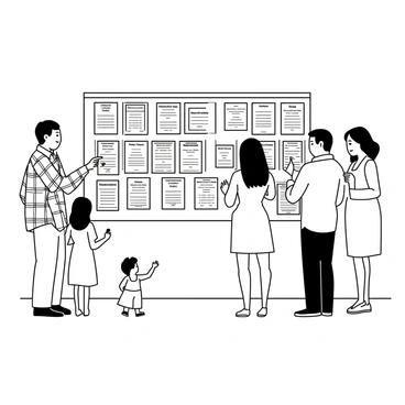 A community board is mounted on a wooden wall, packed with various event flyers. The flyers are neatly arranged, showcasing details about upcoming church activities. Several people are gathered around the board, some glancing at the flyers while others are engaged in conversation. Among them, a man in a plaid shirt is pointing at a flyer, while a woman in a sundress is taking notes. A child is standing nearby, looking up curiously at the board. The scene captures a sense of anticipation and community involvement.