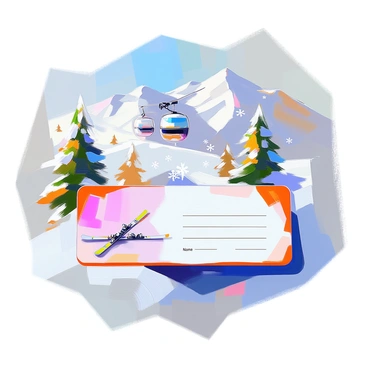 A ski lift pass featuring a colorful design with illustrations of snowy mountains in the background. The mountains are depicted with white caps and pine trees scattered throughout. In the foreground, there are various winter sports icons, including a pair of crossed skis, a snowboard, and a snowflake. The pass displays clear spaces for a name and date, surrounded by intricate detailing of winter scenes.