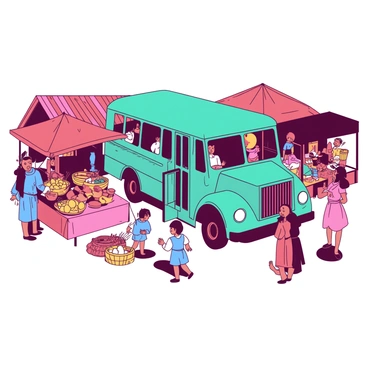A teal magic school bus is parked amidst a bustling medieval market scene filled with activity. Surrounding the bus are various merchants selling their goods from colorful stalls, some displaying fruits, vegetables, and handmade crafts. People dressed in period-appropriate clothing are engaging in conversation and browsing the wares. The market is lively with a variety of characters, including a man in a blue tunic selling pottery, a woman in a pink dress offering woven baskets, and children playing nearby. The atmosphere is vibrant, filled with the sights and sounds of the marketplace.