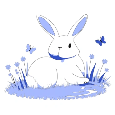 A rabbit is sitting in a grassy field, surrounded by wildflowers. It has large ears standing upright and a soft, fluffy tail. The rabbit is inhaling deeply, with its chest visibly expanding, highlighting the process of breathing. Nearby, there are butterflies fluttering and a small stream flowing gently. Sunlight streams through the trees above, casting dappled shadows on the ground.