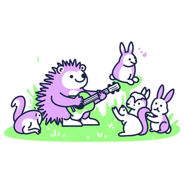 A hedgehog is sitting on a patch of grass, playing a tiny guitar with its spines. Its face is focused and joyful as it strums the strings. Surrounding the hedgehog are various woodland animals, including a curious rabbit with long ears, a wise-looking owl perched on a low branch, and a couple of squirrels sitting nearby with their tails curled. The animals are attentively listening, some with their heads tilted, as if enjoying the performance. The scene is lively and enchanting, filled with the charm of nature.
