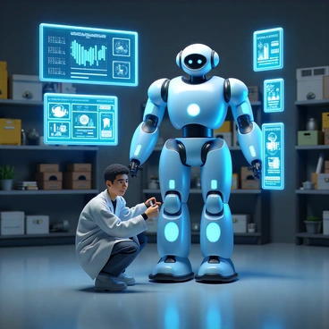 A humanoid robot with a sleek metallic surface and glowing blue accents stands in a well-lit workshop. The robot has a smooth head and articulated limbs, showcasing advanced technology. A technician with short hair and wearing a white lab coat is crouched beside the robot, holding a small tool and inspecting its arm. Surrounding them are multiple holographic screens displaying various technical data and graphics related to the robot’s performance. The screens emit a soft blue light, illuminating the workspace and reflecting off the robot's surface. The background features shelves filled with mechanical parts and tools, adding to the high-tech atmosphere.