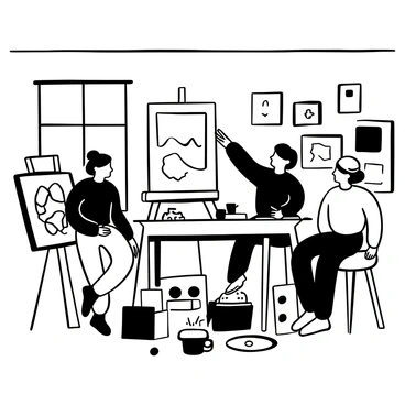 A small group of three people gathered around a table covered with various artworks. One person is pointing towards a large canvas, while the other two are leaning in, examining the details. The walls of the art studio are lined with easels holding unfinished paintings. A large window lets in soft light, illuminating a collection of paintbrushes and tubes of paint scattered on the table. An empty coffee cup sits beside a sketchbook filled with doodles. In the background, several framed artworks hang on the walls, creating a vibrant atmosphere for creativity and discussion.