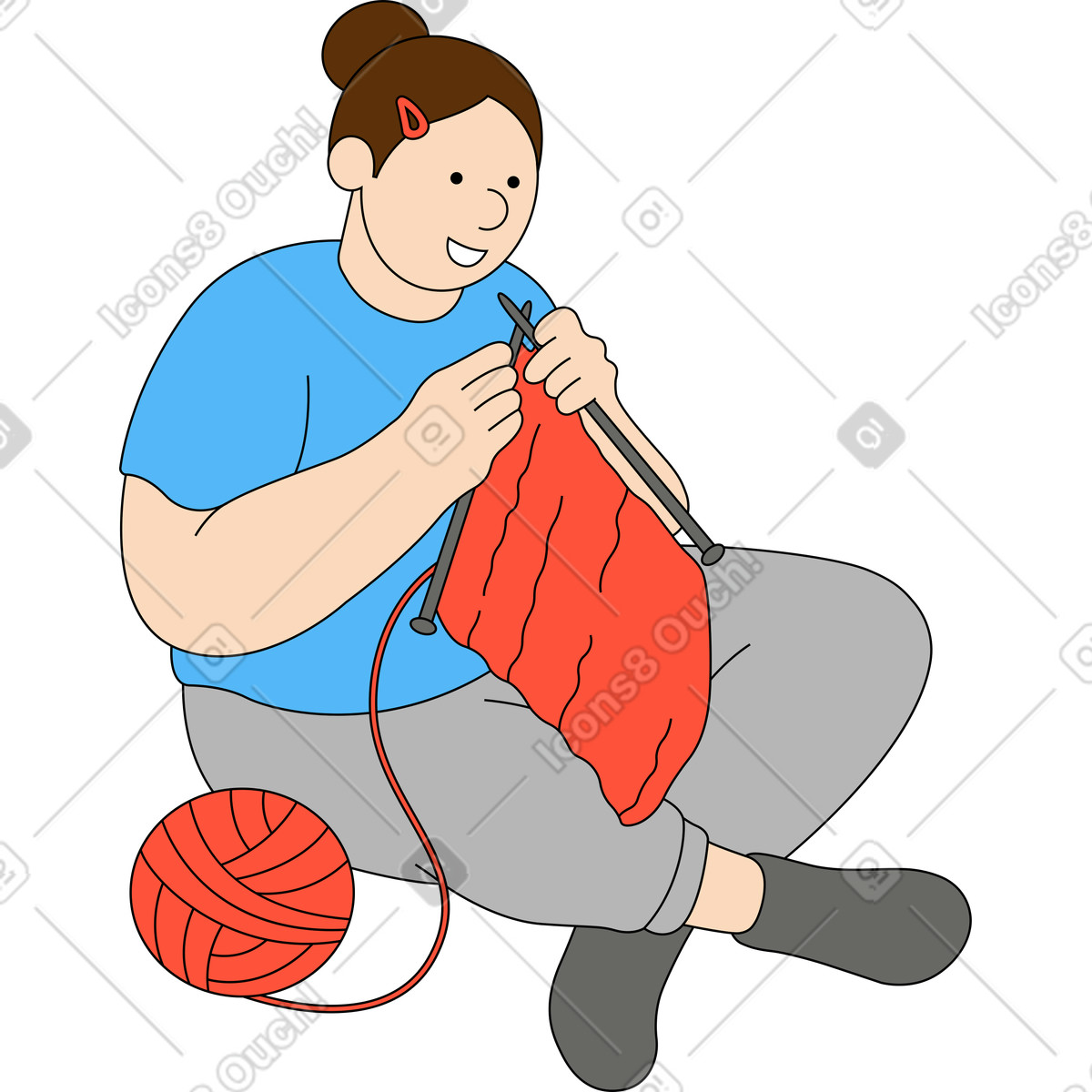 Ilustración Mujer joven tejiendo en estilo Kindy a descargar en PNG y SVG