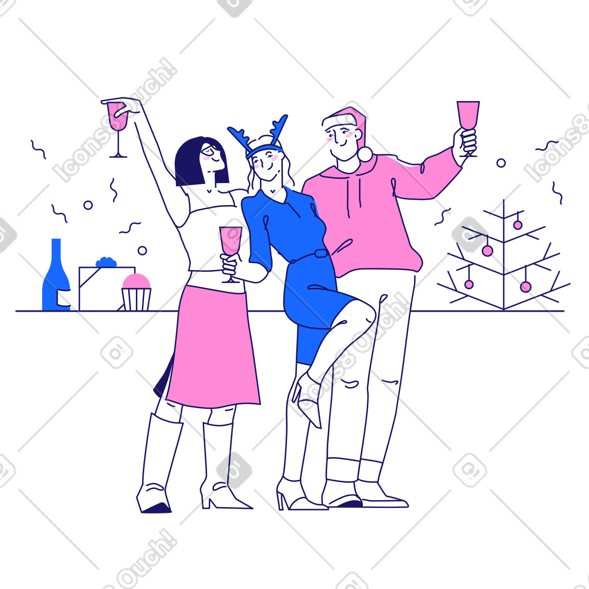 People celebrating christmas at party illustration in Matey style download in PNG, SVG