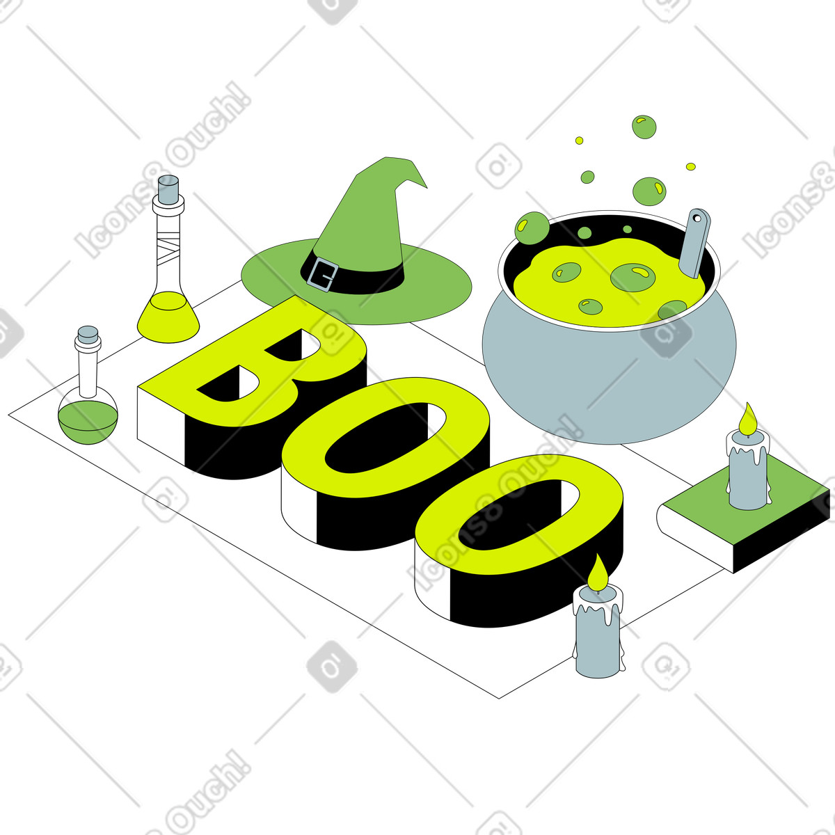 Lettering boo con calderone, cappello da strega e testo di candele illustrazione in stile Isometric scarica in PNG, SVG