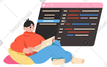 Illustration animée Programmeur travaillant avec du code sur un ordinateur portable aux formats GIF, Lottie (JSON) et AE